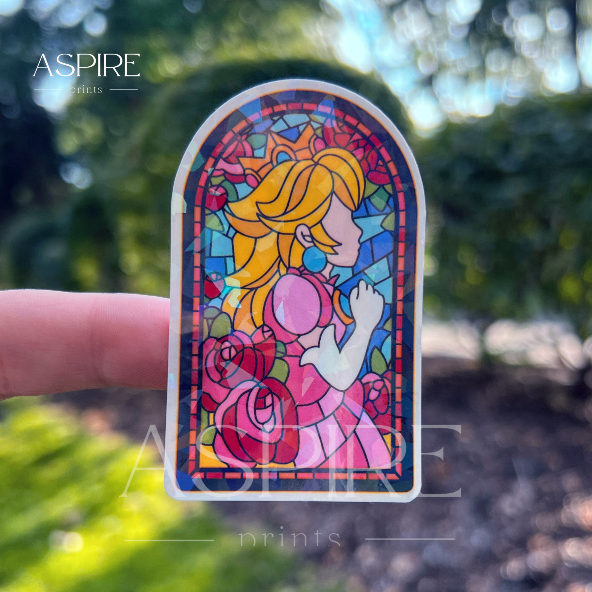 Princess Peach Stained Glass Holographic Sticker - Aspire Prints