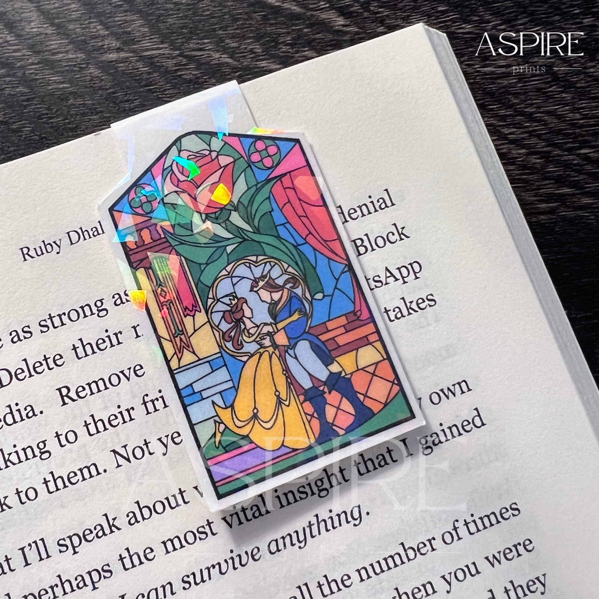 Beauty and the Beast Stained Glass Holographic Magnetic Bookmark - Aspire Prints